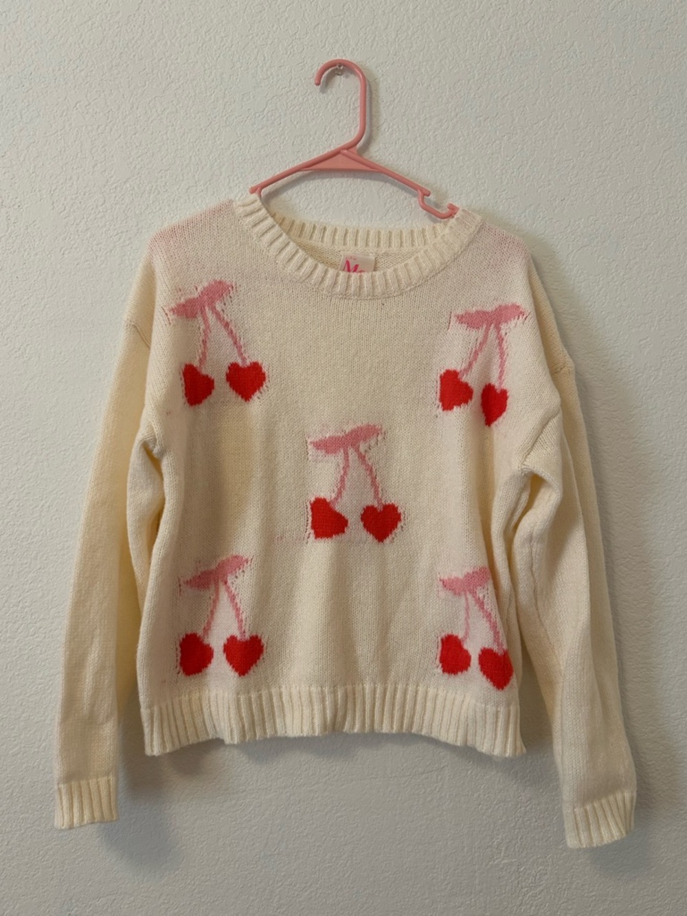 Boutique Cream Cherry Heart Knit Sweater